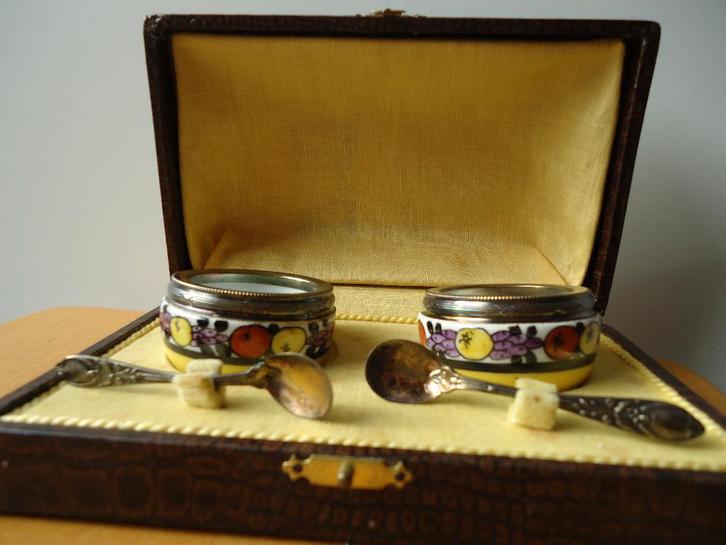 Antiek Limoges kaviaar handpainted porselein zilveren lepels, Antiquités & Art, Antiquités | Porcelaine, Enlèvement ou Envoi