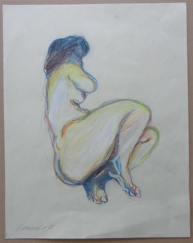 MARCEL WARRAND / ZITTEND NAAKT / ORIGINEEL WERK / 46x36cm, Enlèvement ou Envoi