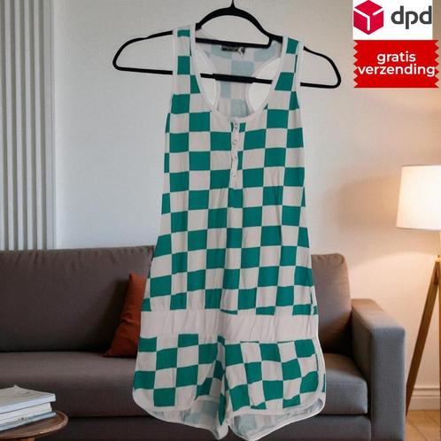 Playsuit groen wit geblokt S, Kleding | Dames, Jumpsuits, Nieuw, Maat 36 (S), Groen, Verzenden