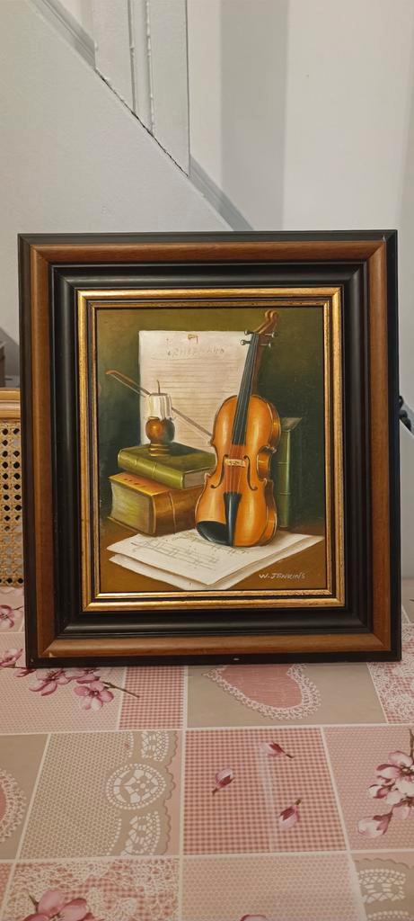 W. JENKINS tableau Nature morte au violon bougie et livres, Antiquités & Art, Art | Peinture | Classique, Enlèvement ou Envoi