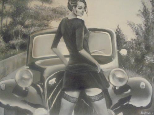 Nostalgie (peinture à l'huile avec Citroën Traction 60x80), Antiquités & Art, Art | Peinture | Classique, Enlèvement ou Envoi
