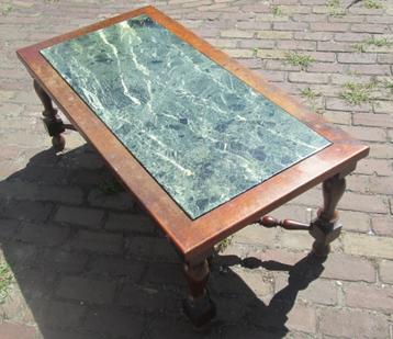 Prachtige retro houten Salontafel met marmeren blad - 113x58 beschikbaar voor biedingen