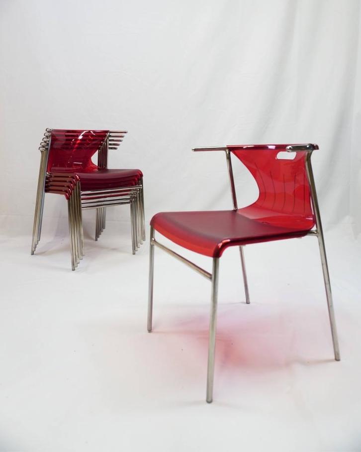 6 vintage IKEA Elmer-stoelen, Huis en Inrichting, Stoelen, Gebruikt, Vijf, Zes of meer stoelen, Kunststof, Metaal, Rood, Ophalen