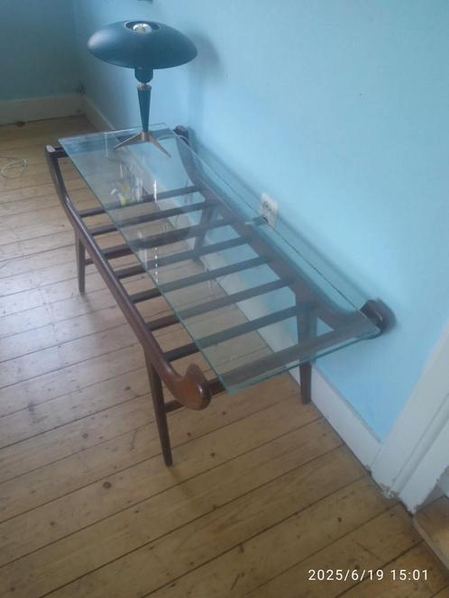 Teak glazen salontafel koffietafel bijzettafel sitetable 60j, Huis en Inrichting, Tafels | Sidetables, Zo goed als nieuw, Rechthoekig
