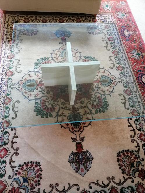 Table de salon en verre et travertin, Huis en Inrichting, Tafels | Salontafels, Gebruikt, Minder dan 50 cm, 100 tot 150 cm, 100 tot 150 cm