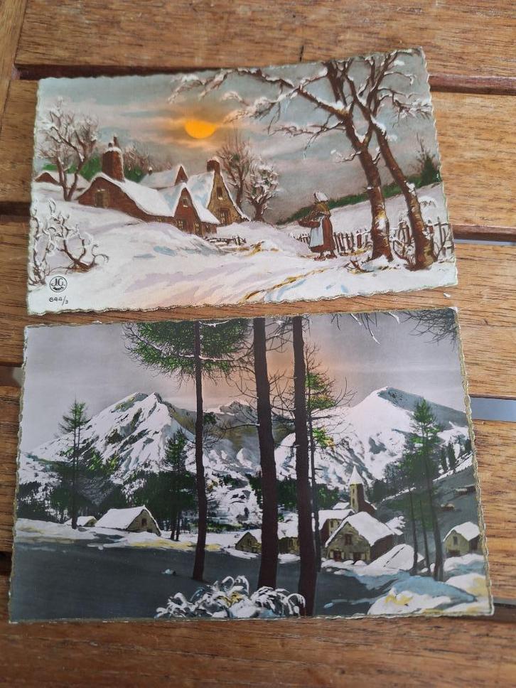 2 oude postkaarten schilderijen winterlandschap., Verzamelen, Postkaarten | Buitenland, Ongelopen, Frankrijk, 1960 tot 1980, Ophalen of Verzenden
