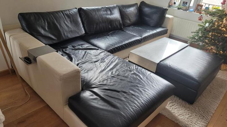 Modern lederen hoeksalon + poef, Huis en Inrichting, Zetels | Complete zithoeken, Gebruikt, Leer, Ophalen