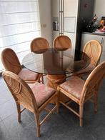 Set van 6 rotan stoelen met glazen tafel, Huis en Inrichting, Stoelen, Vijf, Zes of meer stoelen, Riet of Rotan, Gebruikt, Ophalen