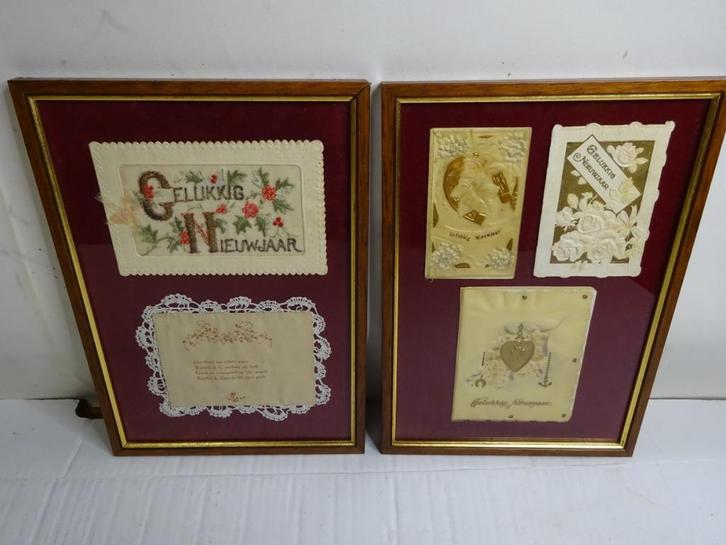 Twee vintage kaders met geborduurde nieuwjaarskaarten.,1920., Antiek en Kunst, Curiosa en Brocante, Ophalen of Verzenden