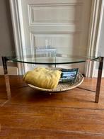 Vintage salontafel met rieten magazinehouder – 1970/1980, Huis en Inrichting, Ophalen, Vintage design, 50 tot 100 cm, Rond