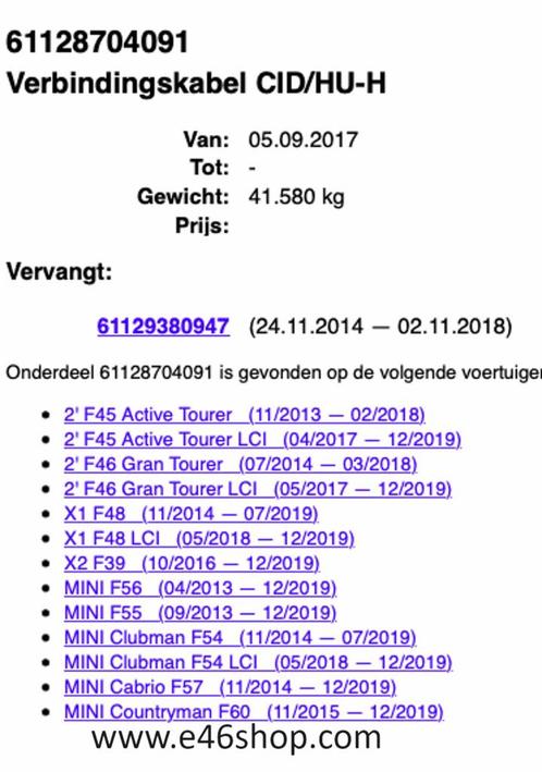 VERBINBDINGSKABEL BMW F45 F46 X1 MINI OE 61128704091, Auto diversen, Autoradio's, Ophalen of Verzenden