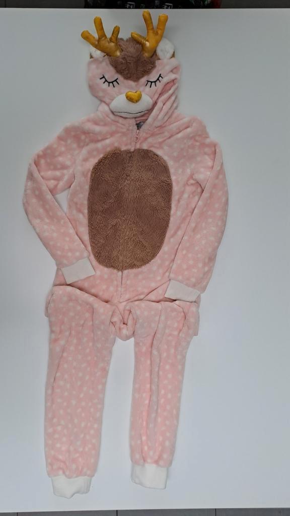 Mt 146 Roos, bruine rendier onesie, Kinderen en Baby's, Kinderkleding | Maat 146, Zo goed als nieuw, Jongen of Meisje, Nacht- of Onderkleding