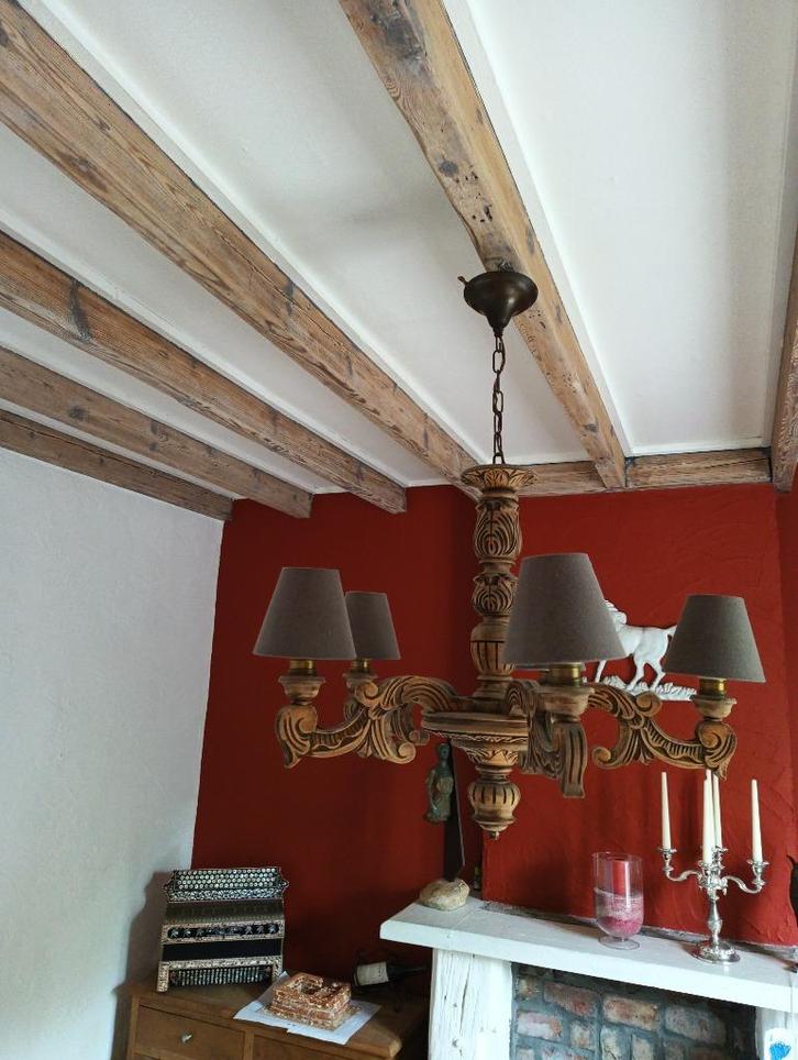 Houten luster, Huis en Inrichting, Lampen | Kroonluchters, Zo goed als nieuw, Ophalen