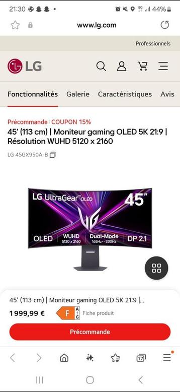 Ecran PC 5K Lg 45GX950A-B 45'' OLED - 50%, Informatique & Logiciels, Enlèvement, Neuf