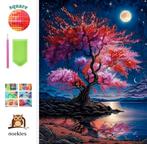 Diamond Painting roze boom aan het water 50x40cm (vierkant), Verzenden