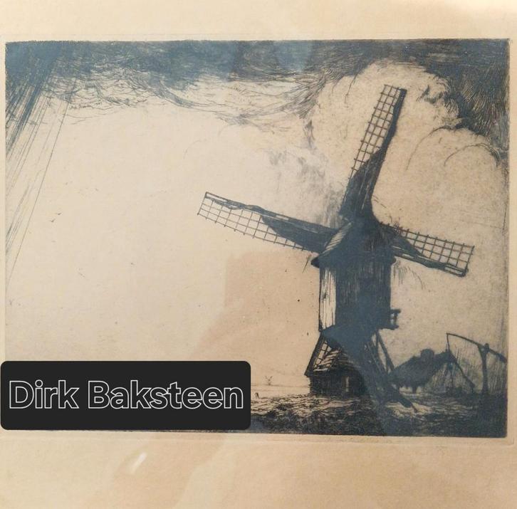 Dirk Baksteen | Molen van Achterbosch, Ets met reliëfstempel, Antiek en Kunst, Kunst | Etsen en Gravures, Ets, Genummerd, Gesigneerd