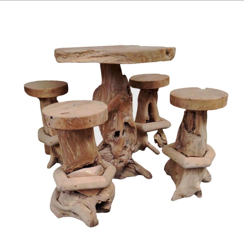Teak bartafel en 4 barkrukken, Ophalen, Draaibaar, Nieuw, 90 cm of meer