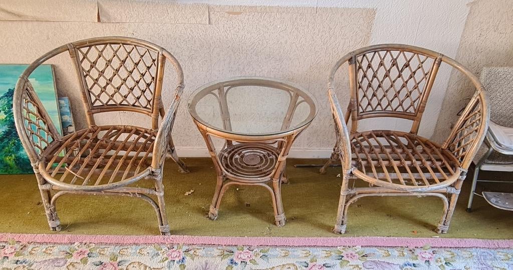 Fauteuille en rotin et table basse vintage, Enlèvement, Rotin