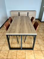 Eettafel, vier stoelen grijs/beige/hout, zwart onderstel, Cinq personnes ou plus, 50 à 100 cm, Comme neuf, 100 à 150 cm