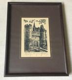 Linogravure van Het Steen te Antwerpen gesigneerd ingelijst, Antiek en Kunst, Kunst | Etsen en Gravures, Verzenden