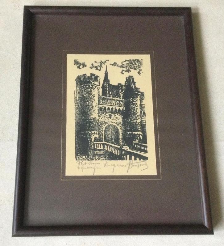Linogravure van Het Steen te Antwerpen gesigneerd ingelijst, Antiek en Kunst, Kunst | Etsen en Gravures, Verzenden