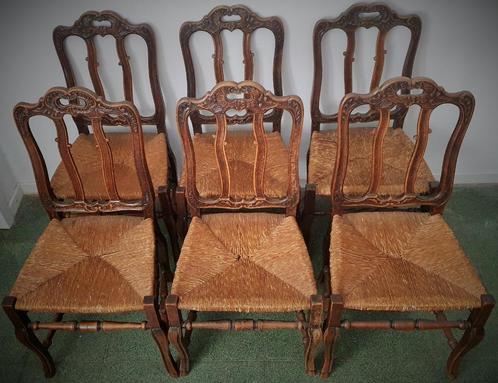 Lot de 6 anciennes chaises en bois, assise en paille tressée, Maison & Meubles, Chaises, Utilisé, Cinq, Six Chaises ou plus, Bois