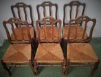 Lot de 6 anciennes chaises en bois, assise en paille tressée, Vijf, Zes of meer stoelen, Gebruikt, Bruin, Hout