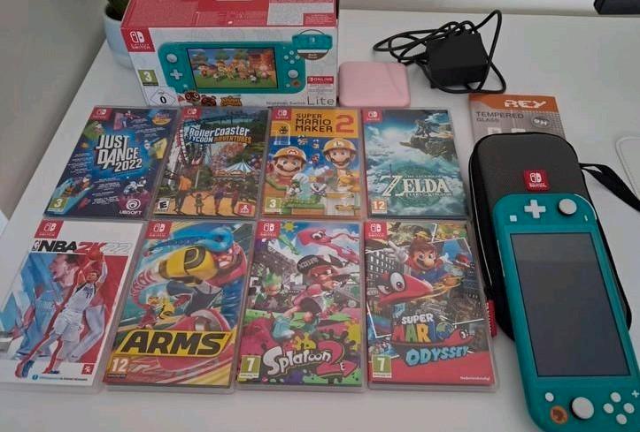 Nintendo switch lite + 8 games + accesoires, Games en Spelcomputers, Spelcomputers | Nintendo Switch Lite, Zo goed als nieuw, Turquoise