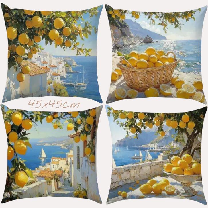 Set van 4 kussenhoezen kustdorp citroenen 45x45cm, Huis en Inrichting, Woonaccessoires | Kussens, Nieuw, Blauw, Vierkant, Verzenden
