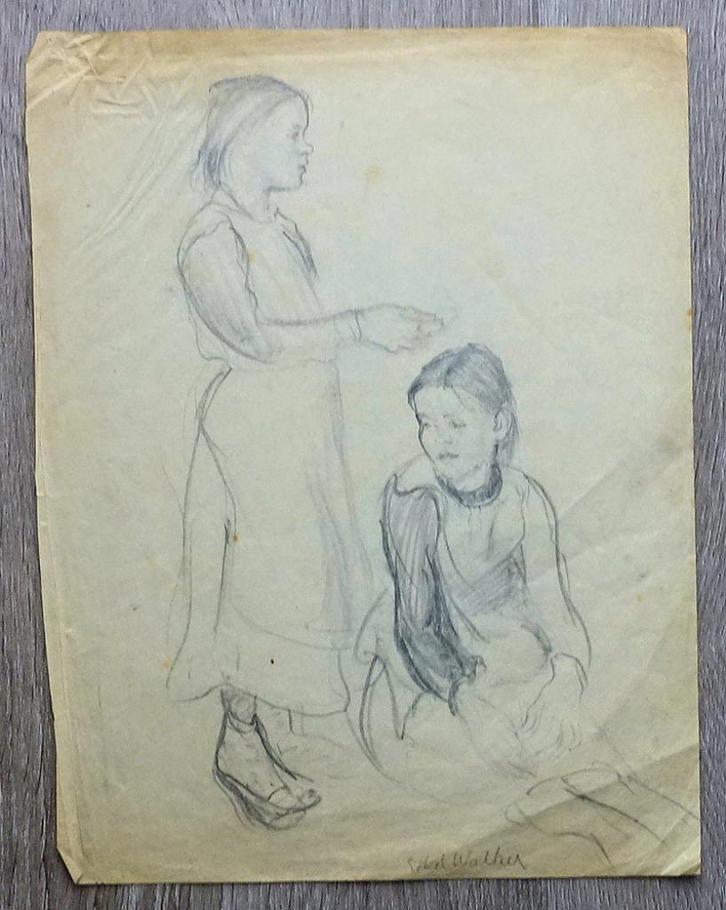 A572 Cecile Walton of Ethel Walker (toegeschr) 2 meisjes, Antiek en Kunst, Kunst | Tekeningen en Fotografie, Ophalen of Verzenden