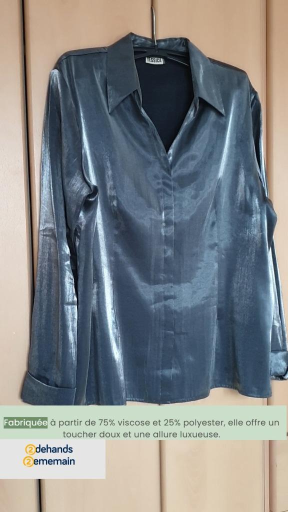 Grijs-metallic overhemd met verborgen knopen, Kleding | Dames, Blouses en Tunieken, Zo goed als nieuw, Maat 42/44 (L), Grijs, Ophalen of Verzenden