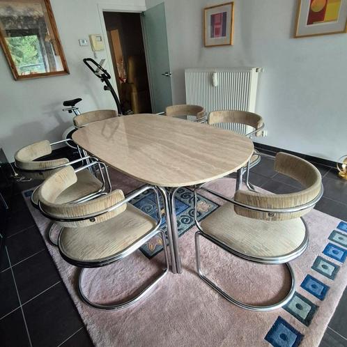 Mooie vintage eetkamerset - travertine tafel - jaren 60, Maison & Meubles, Tables | Tables à manger, Enlèvement