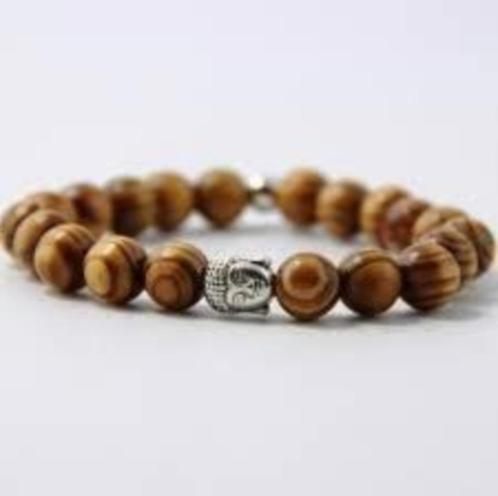 Wengé armband met zilverkleurige Boeddhakraal, Handtassen en Accessoires, Armbanden, Nieuw, Elastiek, Geel, Ophalen of Verzenden