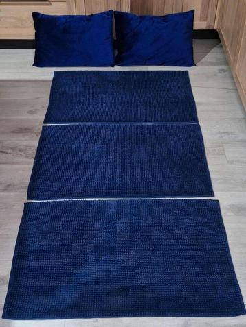 3 Grote Badmatten + 2 Sierkussens in Blauw (-> Samen 10 €) beschikbaar voor biedingen