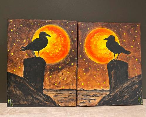 Schilderijen meeuwen en maan Mk Art, Antiek en Kunst, Kunst | Schilderijen | Modern, Ophalen of Verzenden