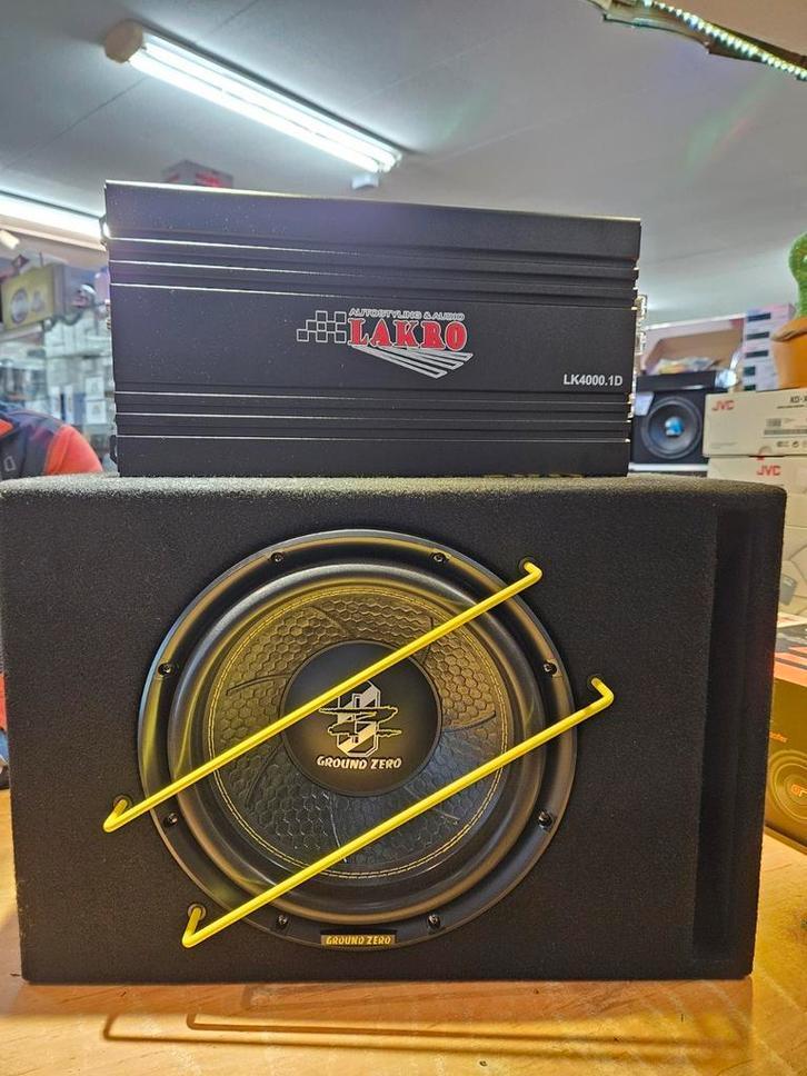Zware subwooferset GROUNDZERO/ LAKROmet 4000watt versterker, Auto diversen, Autospeakers