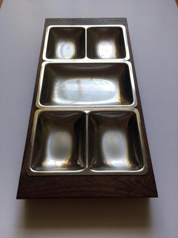 Vintage dienblad van teakhout en roestvrij staal - design, Gebruikt, Rechthoekig, Hout