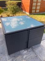 Complete tuinset vierkante glazen bijzettafel van 1m20, Ophalen, Overige materialen, Gebruikt, Bijzettafel