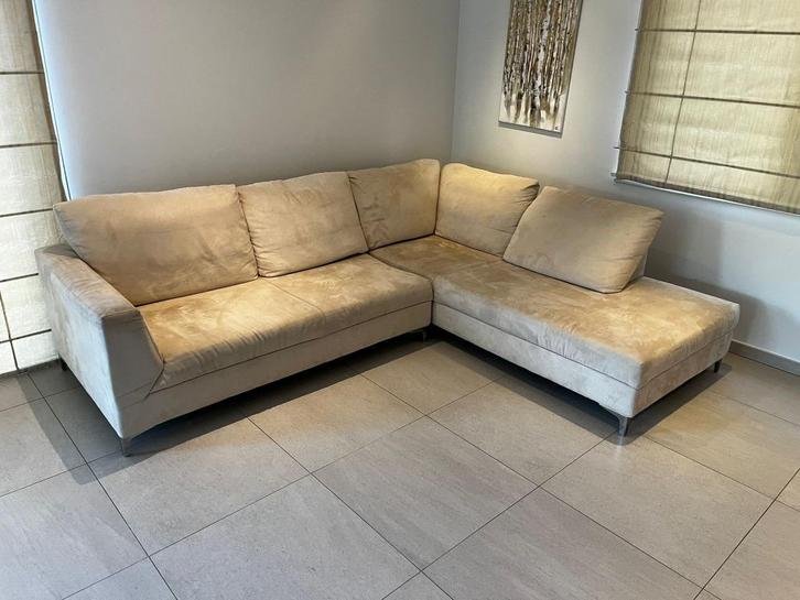 Hoekzetel in beige stof – zeer goede staat, Huis en Inrichting, Fauteuils, Gebruikt, Metaal, Stof, 125 cm of meer, 150 cm of meer