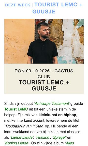 2 x Tourist lemc 9 oktober 2025 cactus brugge beschikbaar voor biedingen