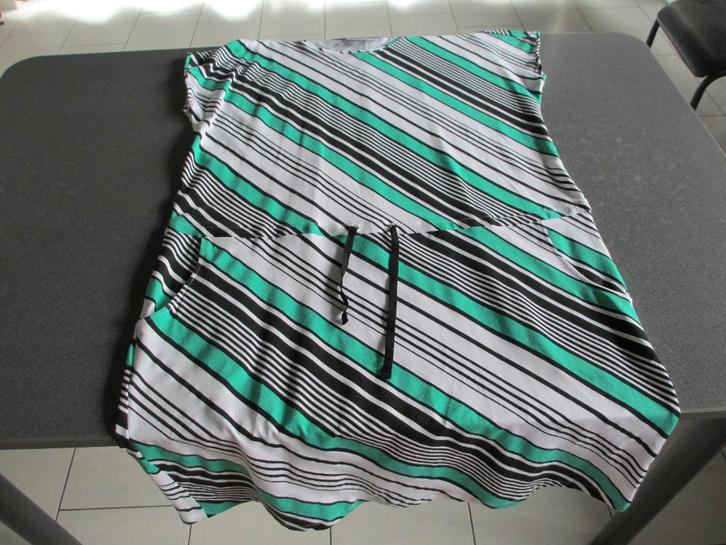 groen-zwart-wit gestreept dameskleed, Kleding | Dames, Jurken, Zo goed als nieuw, Maat 46/48 (XL) of groter, Overige kleuren, Onder de knie