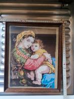 Moeder en kind kruisjessteek enkel in kader met glas, Antiek en Kunst, Ophalen of Verzenden
