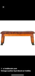 Titel: Vintage turnbank – hout & cognac leer – jaren 50/60, Huis en Inrichting, Ophalen, Gebruikt, Hout, Vintage
