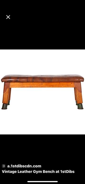 Titel: Vintage turnbank – hout & cognac leer – jaren 50/60 beschikbaar voor biedingen