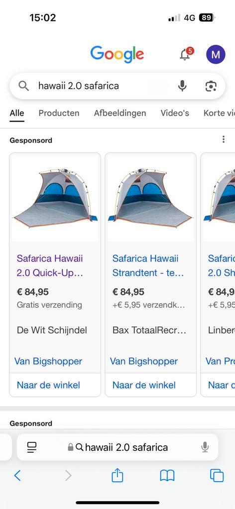 Gebruiksvriendelijke strandtent, safarica Hawaii 2.0, Caravans en Kamperen, Tenten, Zo goed als nieuw, Ophalen