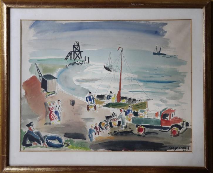 Serge Creuz inktgouache 1943 Port North Sea - Antwerp Marine, Antiek en Kunst, Kunst | Schilderijen | Modern, Ophalen