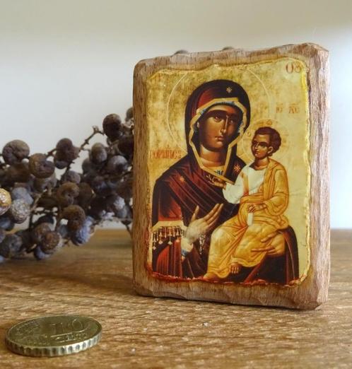 Vintage handmade miniatuur icoon Hodegetria. 7 x 5,5  x 1 cm, Verzamelen, Religie, Gebruikt, Christendom | Katholiek, Overige typen