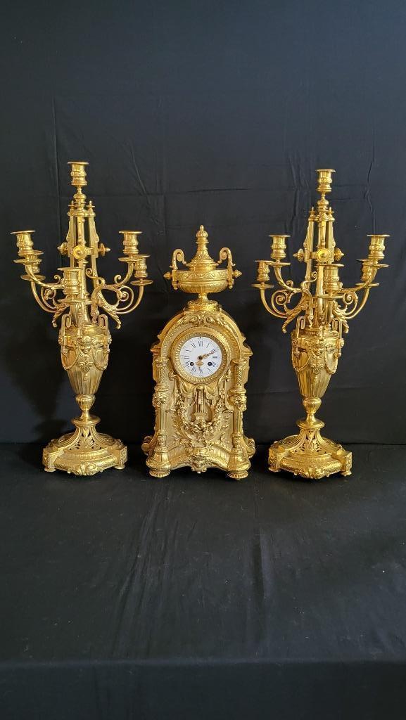 (16) Franse Bronzen Empire Stijl Klok met kandelaren ca.1870, Antiek en Kunst, Antiek | Klokken, Ophalen of Verzenden