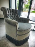 Vintage ijsblauwe fauteuil / eenzit/ clubzetel met franjes, Ophalen of Verzenden