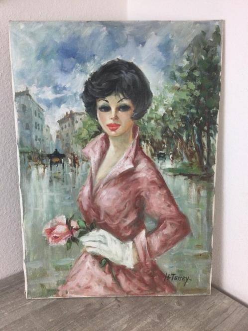vintage schilderij Parijse jonge Dame op canvas, Collections, Rétro, Maison et Meubles, Enlèvement ou Envoi